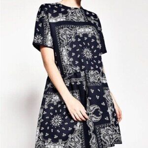 Zara| Cute Navy and White Drop Waist Short Sleeve Paisley Dress Sz L